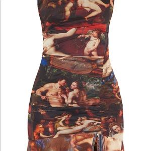 Multi Mesh Renaissance Print Ruched Bodycon Dress